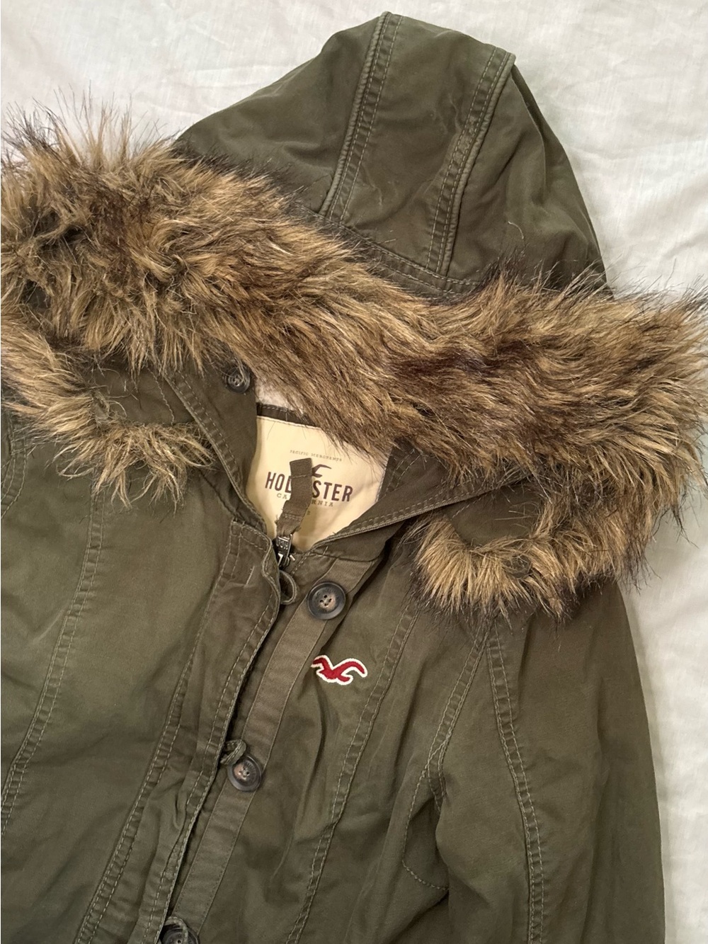 Hollister Olive Green Hooded Utility Jacket with Faux Fur Trim Size Small
